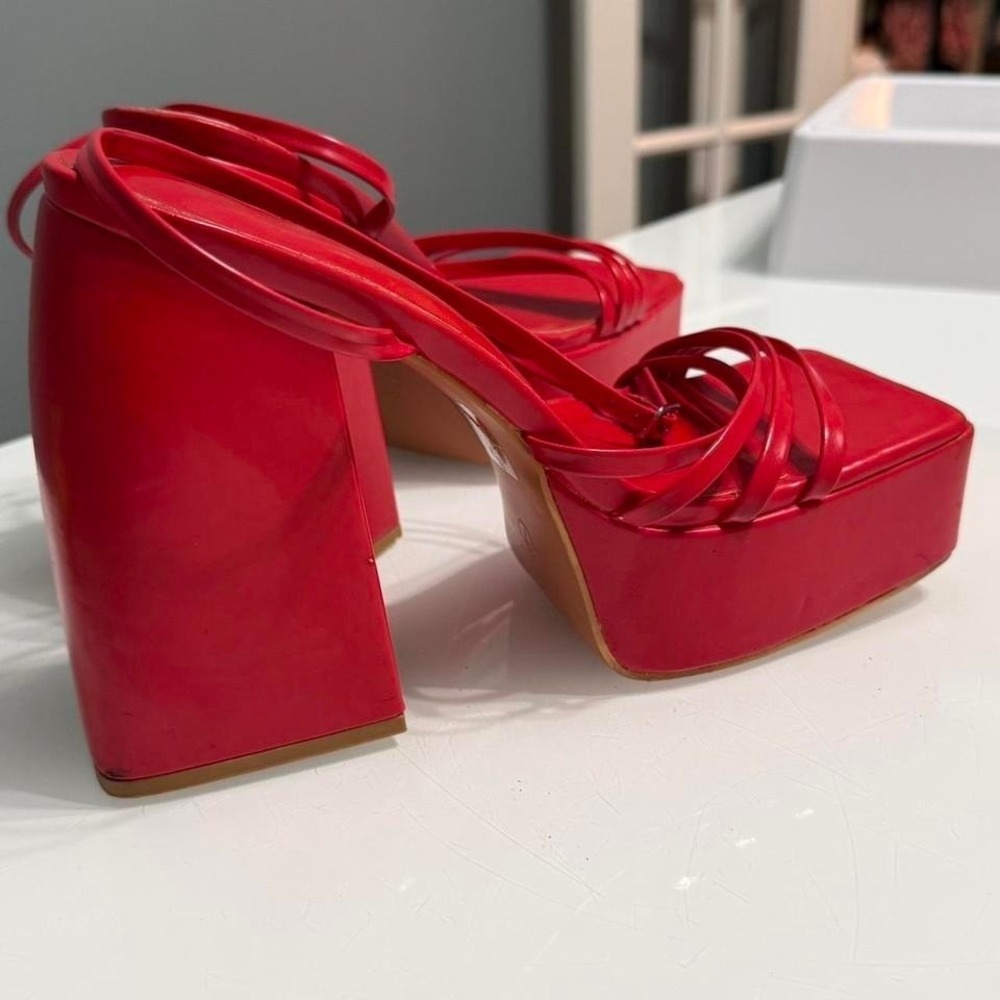 Red Platform Heels Strappy Chunky Mule Square Toe Size 7